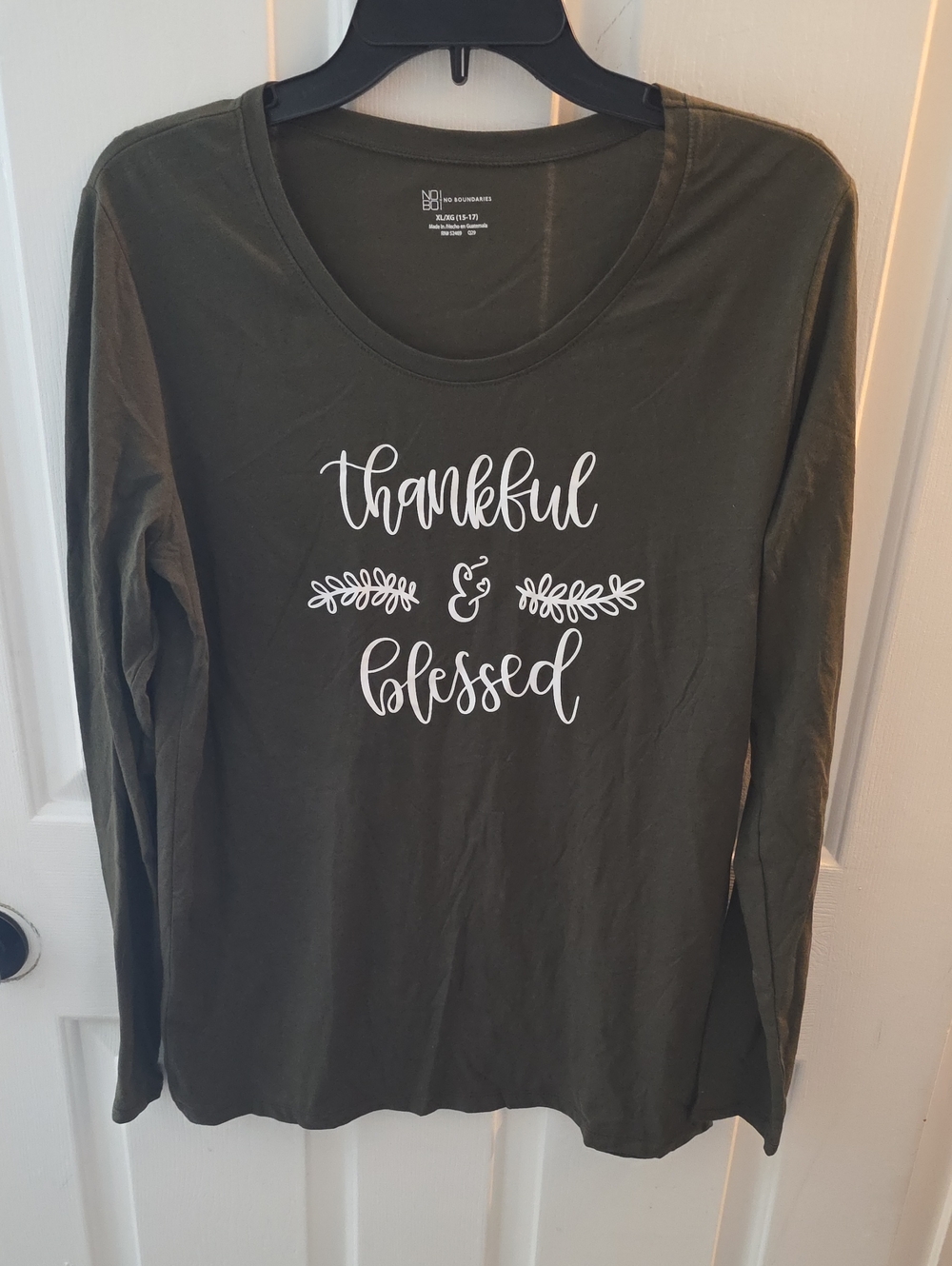 No Boundaries Olive Green "Thankful & Blessed" Long Sleeve Tee